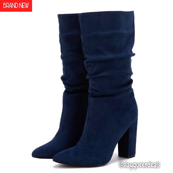 Women's Slouchy High Heel Boots Mid Calf Suede Chunky Block Pointed Toe
